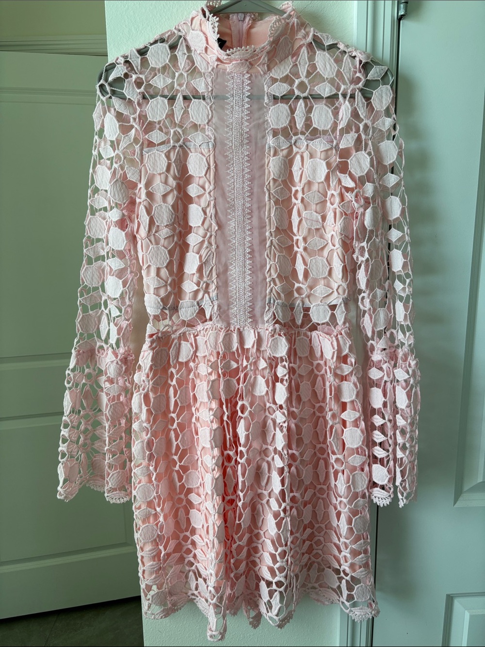 Pink Lace Midi Dress with High Neck and Long Sleeves